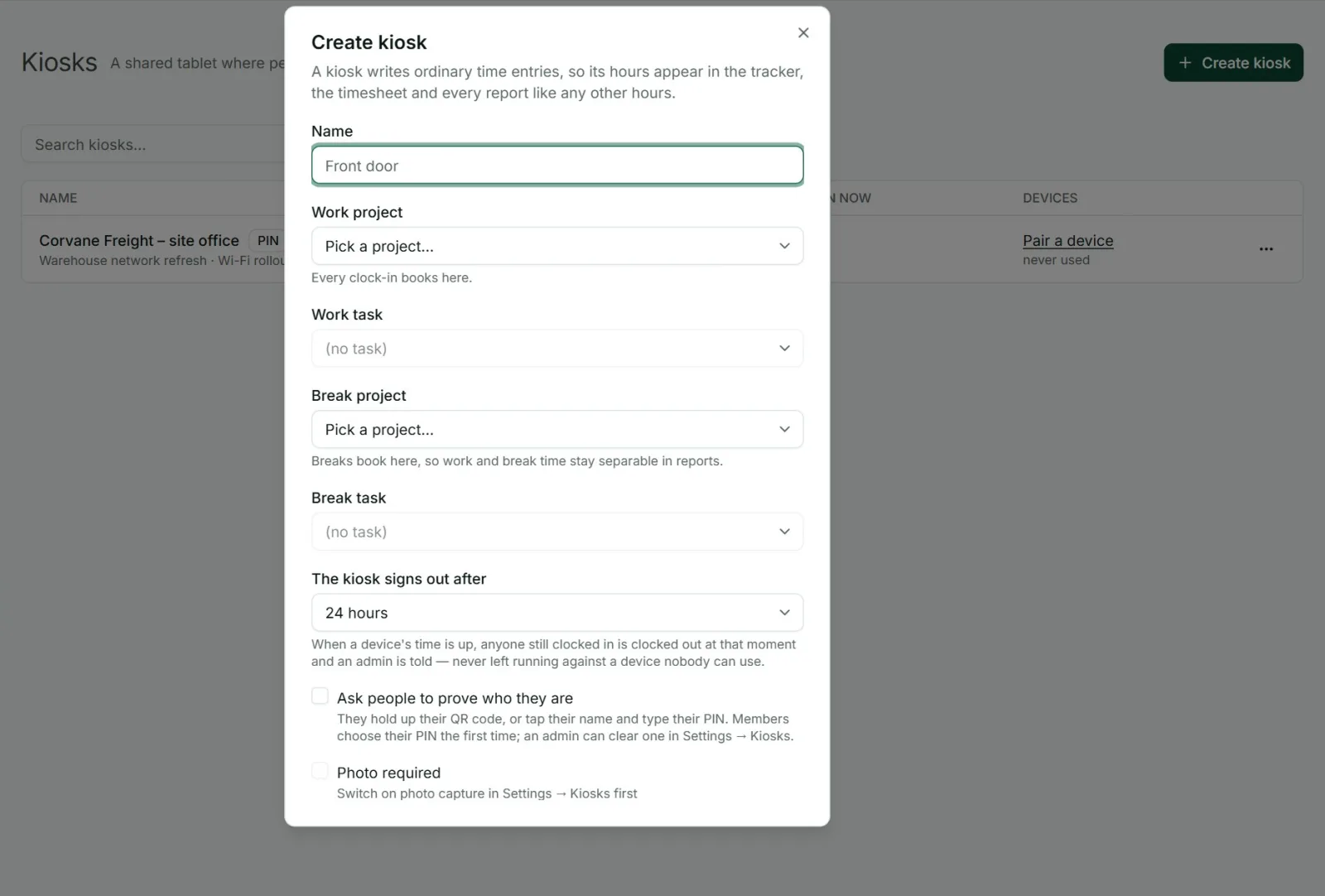 Creating a kiosk in Punchly with its project, PIN, photo and sign-out settings