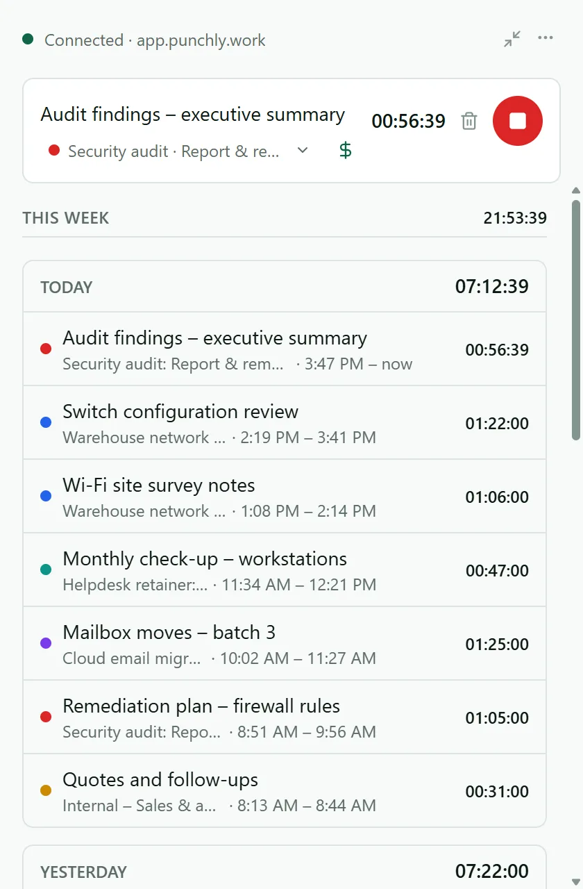 Punchly desktop app with a running timer