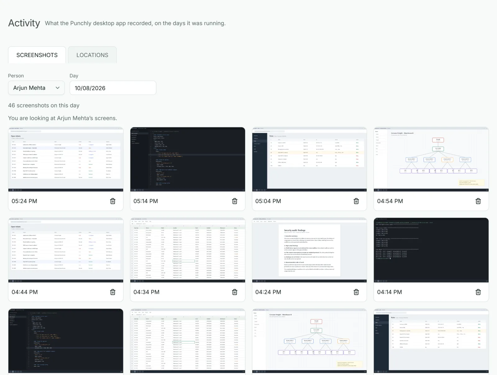 Activity screen in Punchly with one person's screenshots for a day, each with the time it was taken