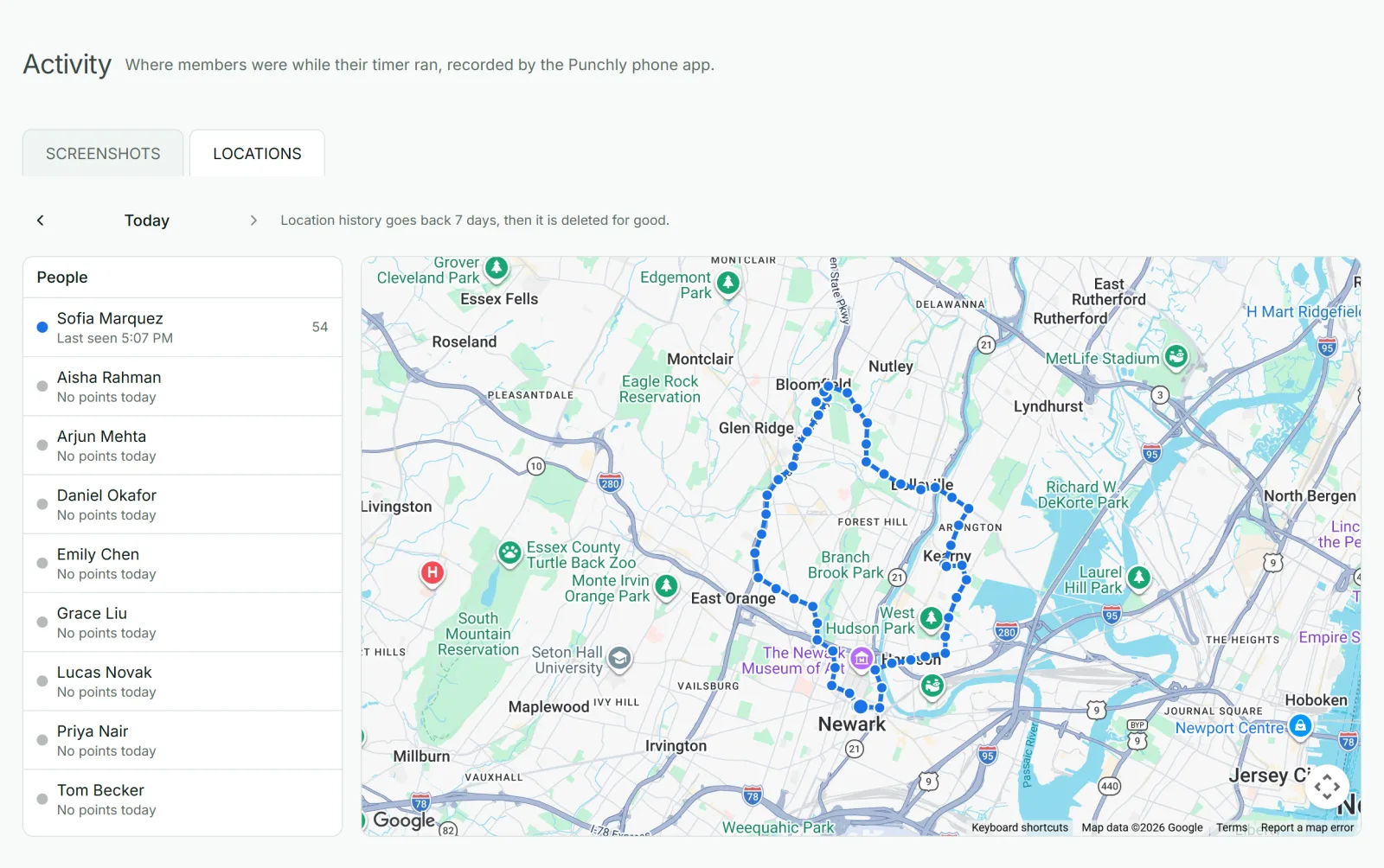 Locations tab in Punchly with one person's route for the day drawn on a map