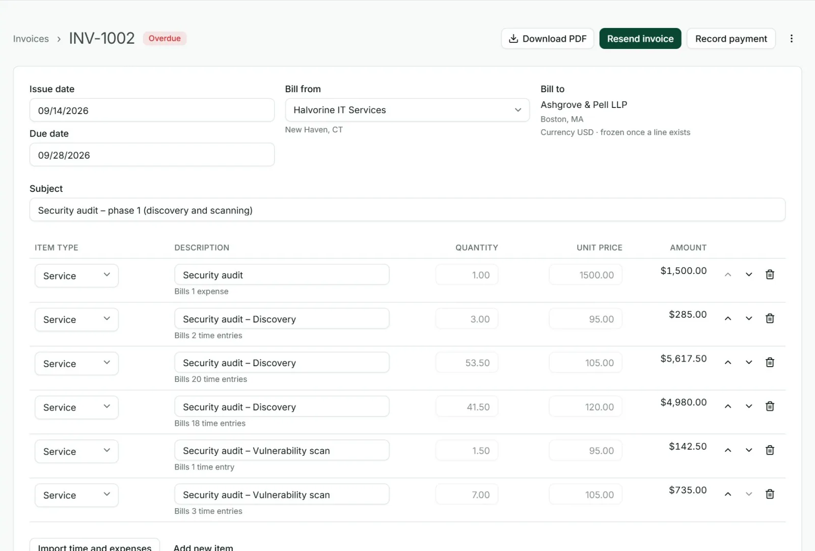 An invoice in Punchly with lines for billable hours, tax, discount and total