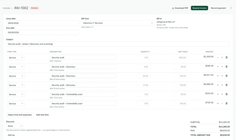 An invoice in Punchly built from tracked billable hours, with its total and balance due