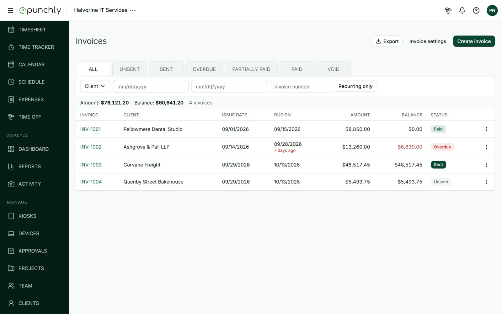 Punchly invoices list with each invoice's client, amount, balance and status