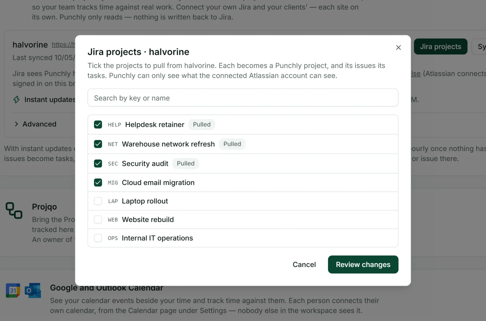 Choosing which Jira projects to bring into Punchly