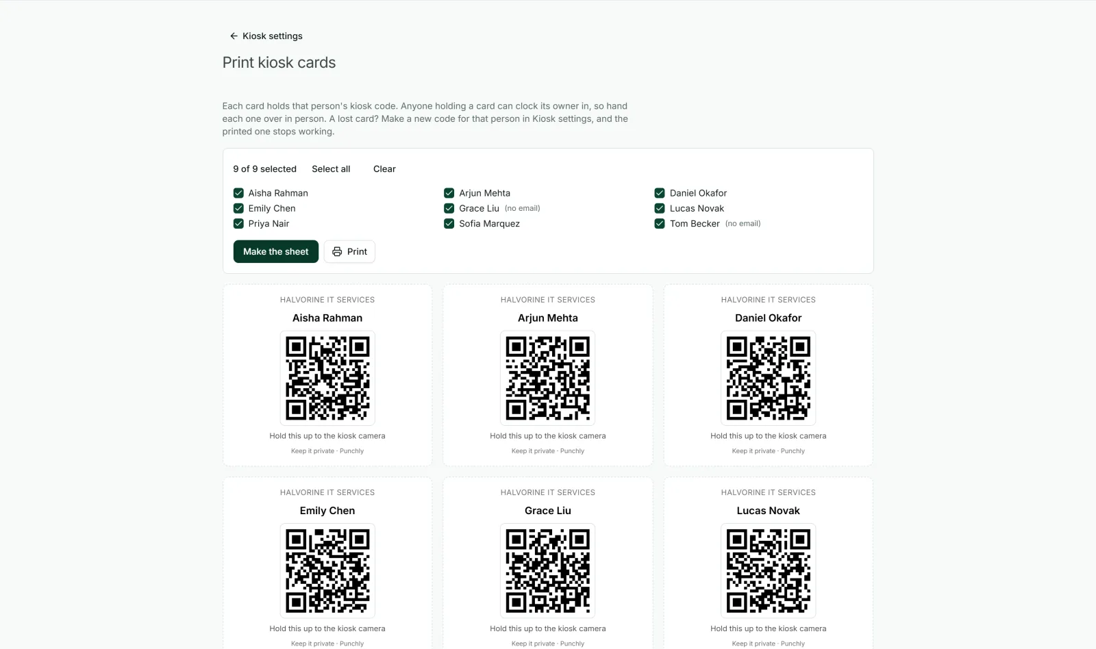 Sheet of personal QR code cards for kiosk staff, ready to print in Punchly