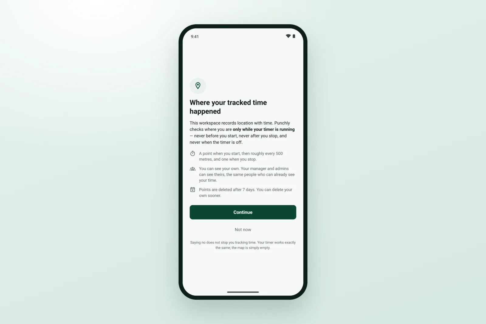 The Punchly phone app explaining when location is recorded and who can see it, before it asks for permission