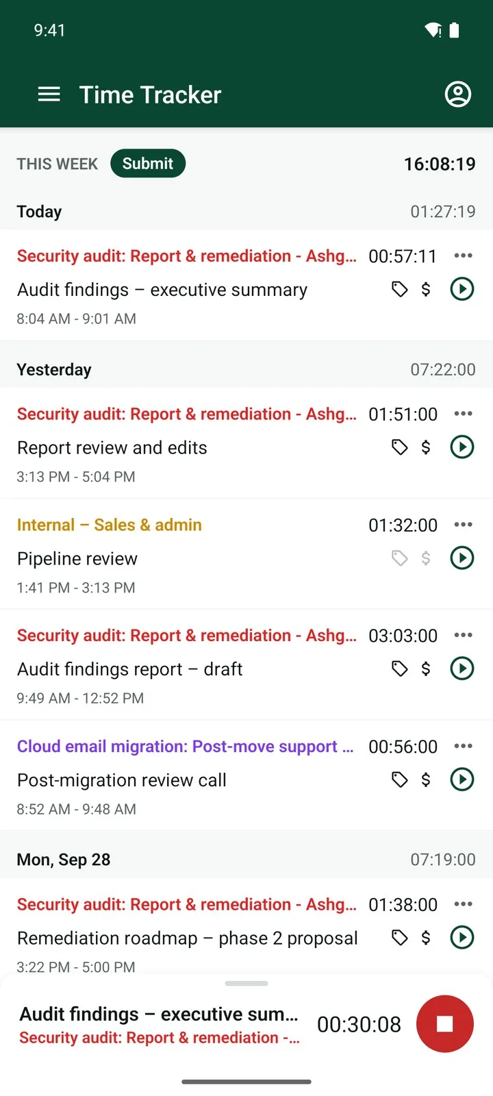 Punchly phone app with a running timer and the week's entries