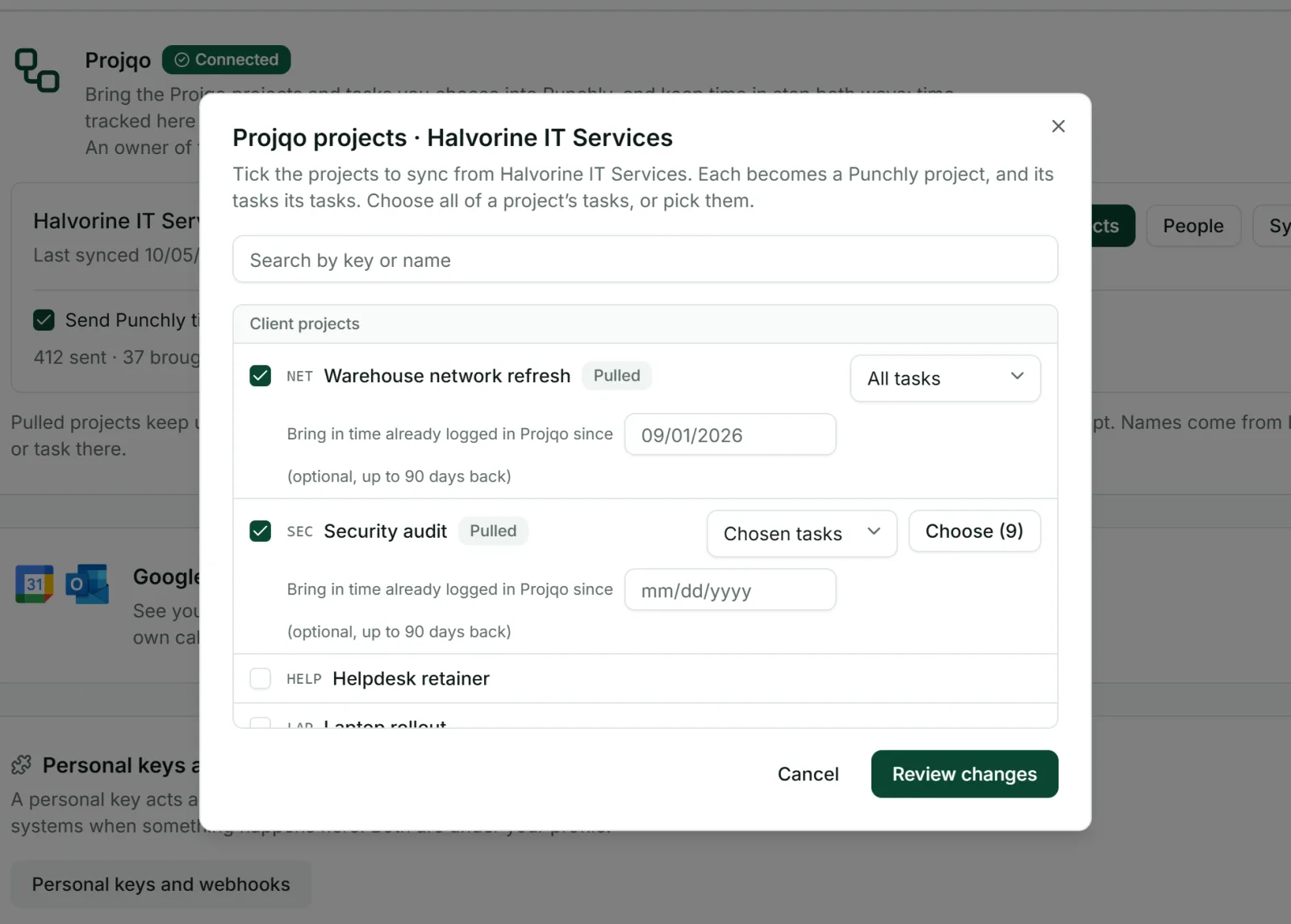 Projqo connected to Punchly, with the list for choosing which Projqo projects and tasks to bring in