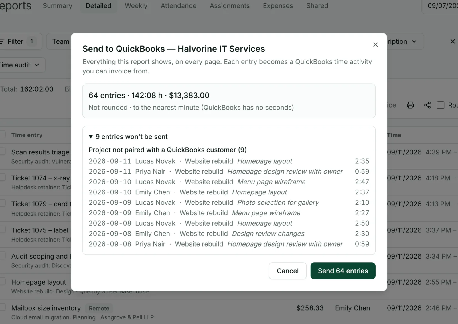 Punchly preview before sending time to QuickBooks: what will be sent, and the entries that will not