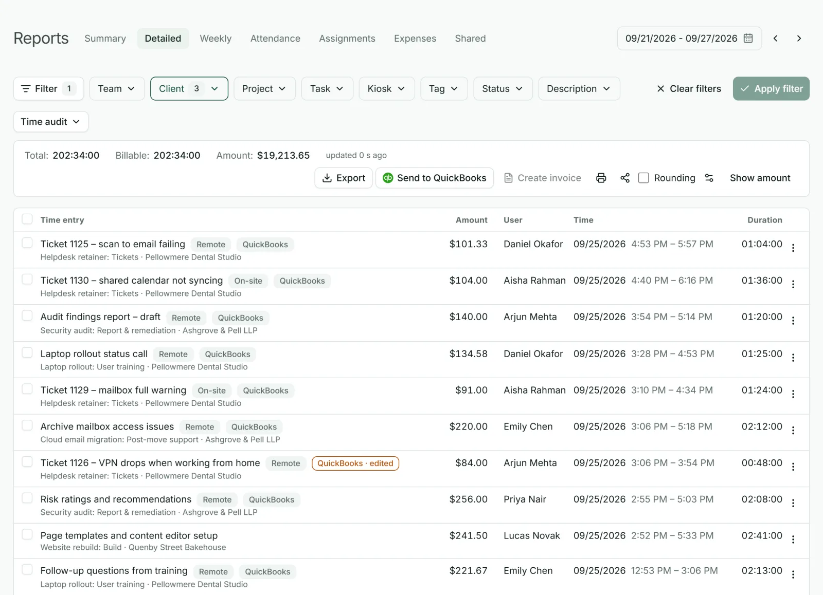 Detailed report in Punchly with a QuickBooks mark on the entries already sent