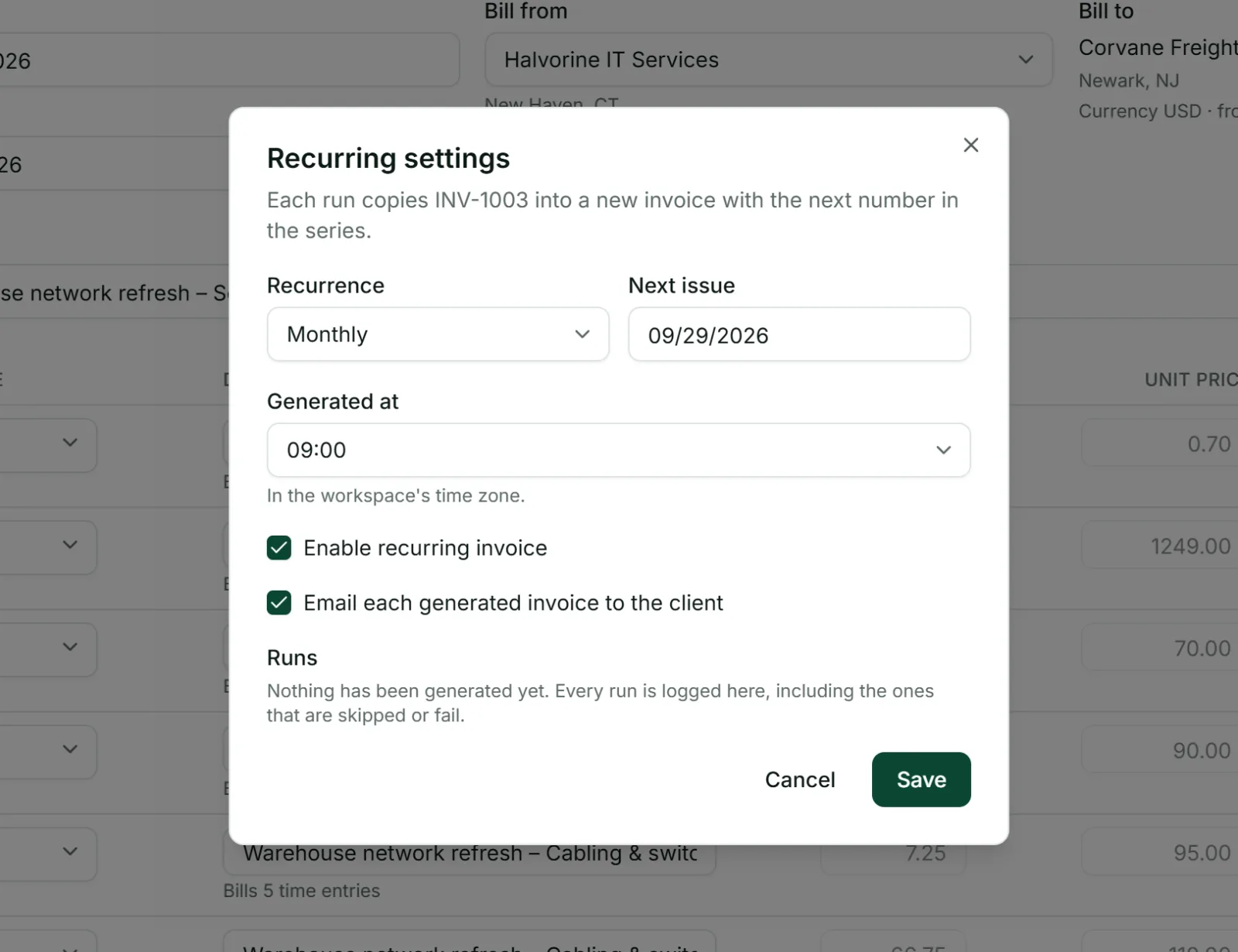 Recurring invoice settings in Punchly: monthly, with each new invoice emailed to the client
