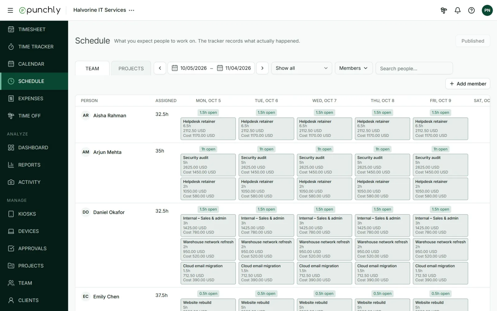Punchly schedule in team view with each person's project assignments and free capacity