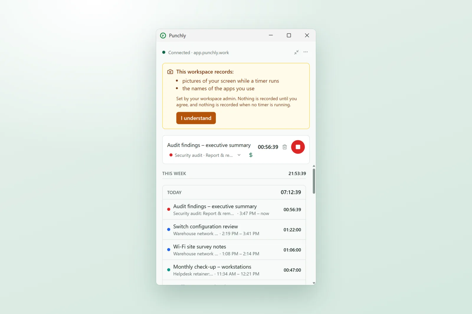 The Punchly desktop app saying what the workspace records and asking the person to confirm before any screenshot is taken