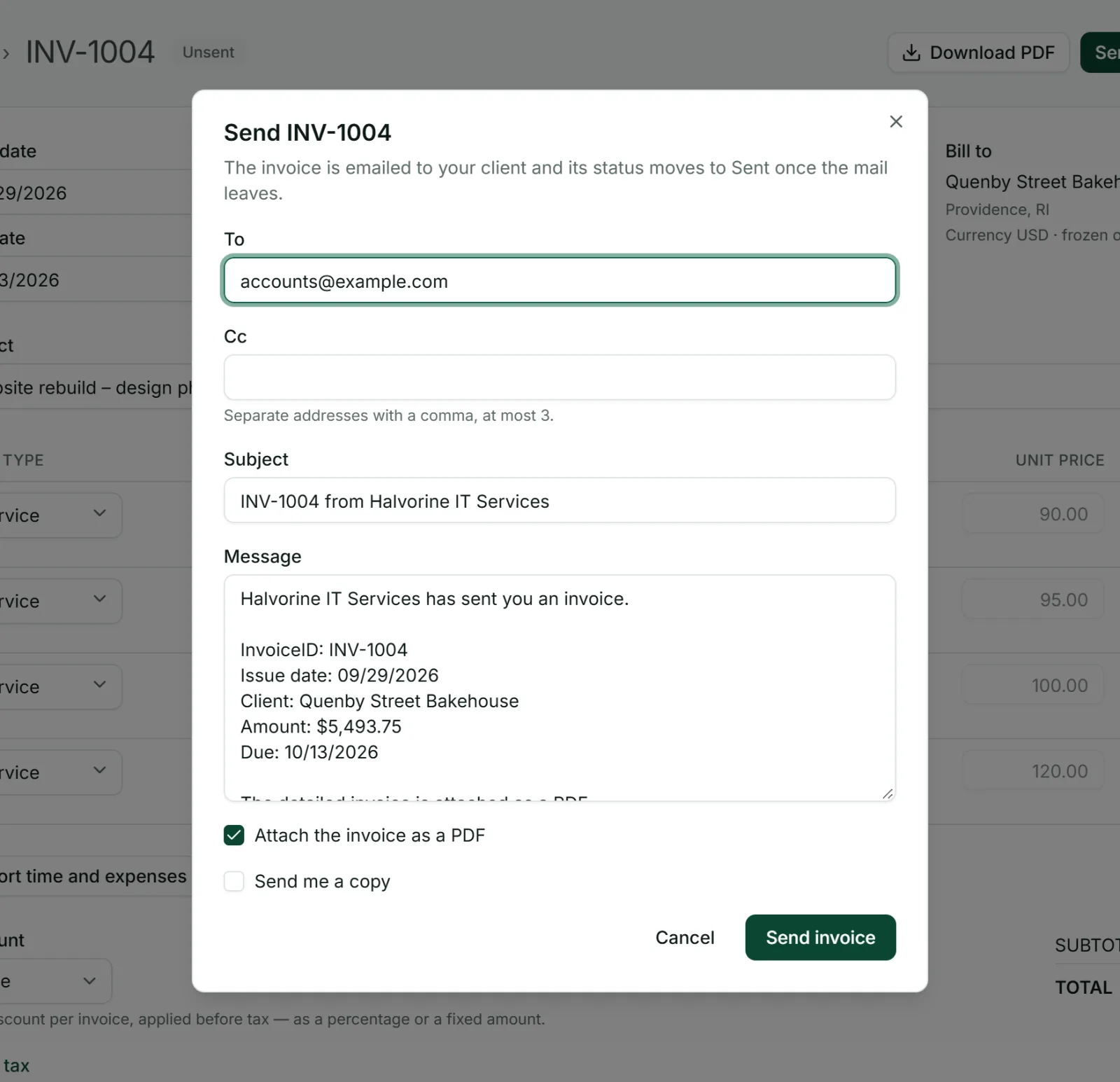Sending an invoice by email from Punchly, with the PDF attached