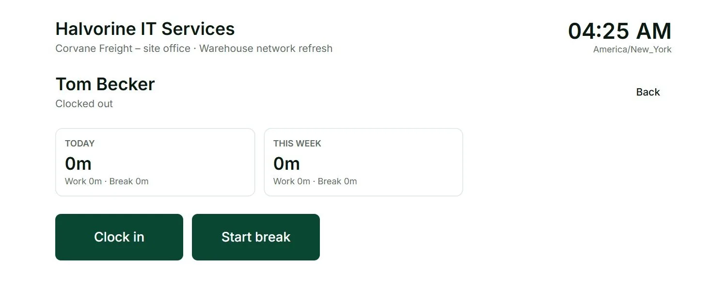 One employee's kiosk screen in Punchly with today's hours, Clock in and Start break