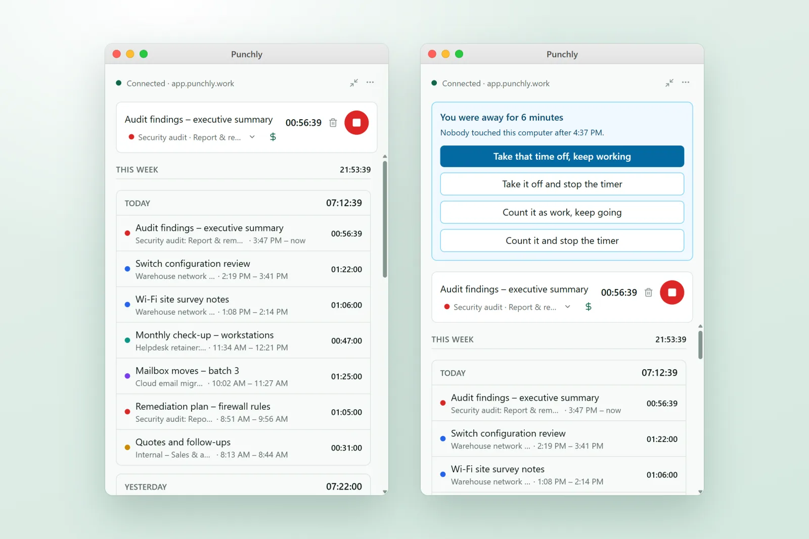 Punchly time tracker for Mac with a running timer, and the question it asks about idle time