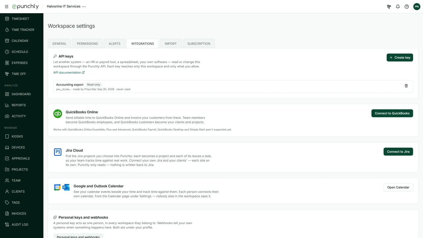 Creating an API key in Punchly's workspace settings