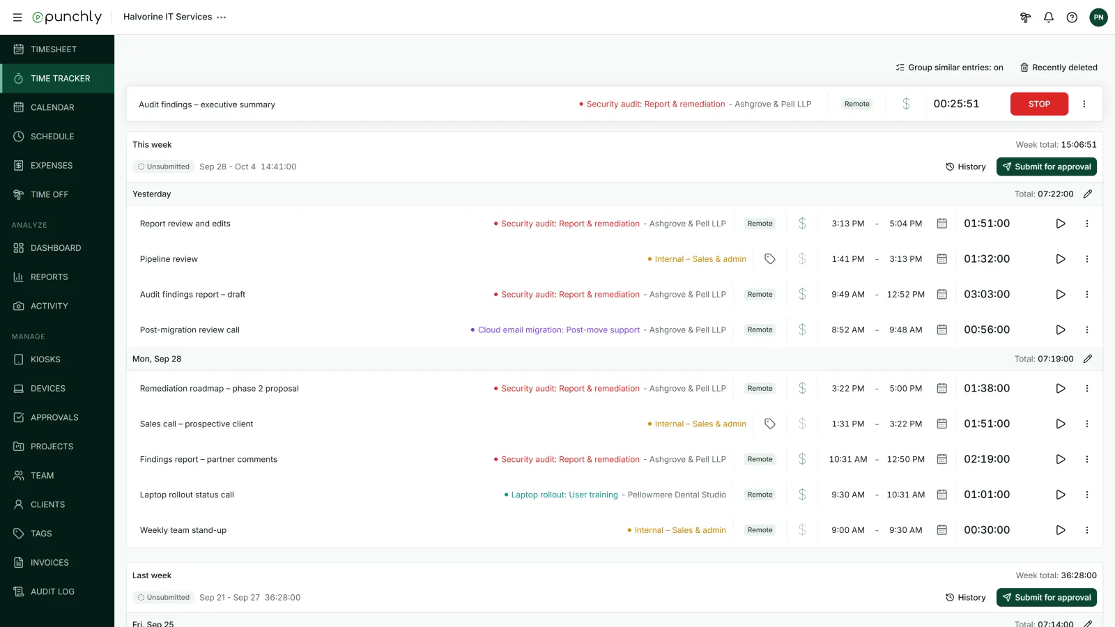 Punchly time tracking software with a running timer and the week's entries by project