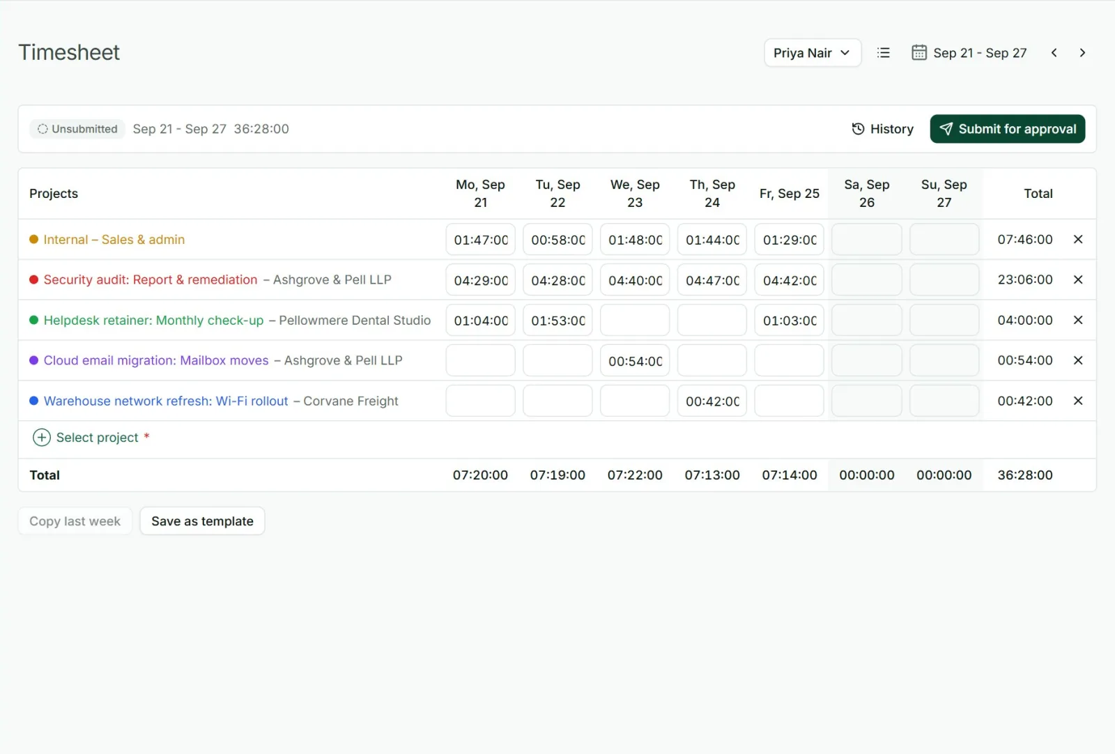 Punchly weekly timesheet with a row for each project, a column for each day and totals